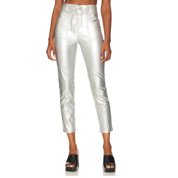 Superdown Metallic Silver Faux Leather Pants LARGE Straight Revolve Ankle $88 - Picture 1 of 12